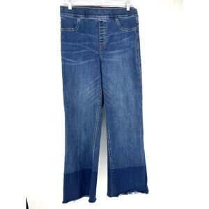 Spanx Jeans Womens Large Blue High Rise Cropped Flare Leg Tummy Control Raw Hem